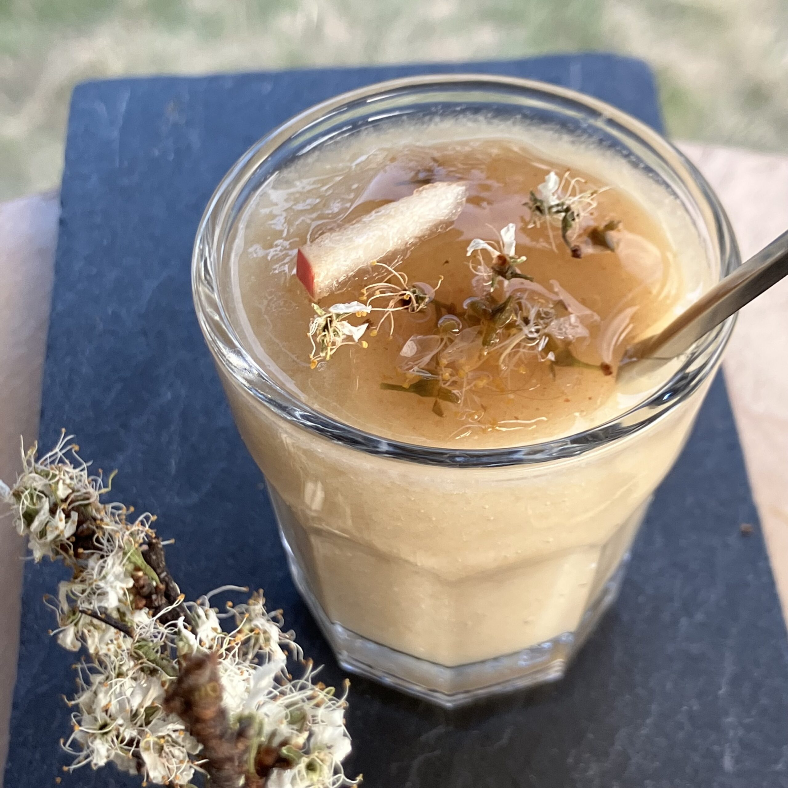 Une verrine posée à côté d'une branche de prunellier, contenant une compote pomme-poire et une gelée cynorhodon, pomme et prunellier